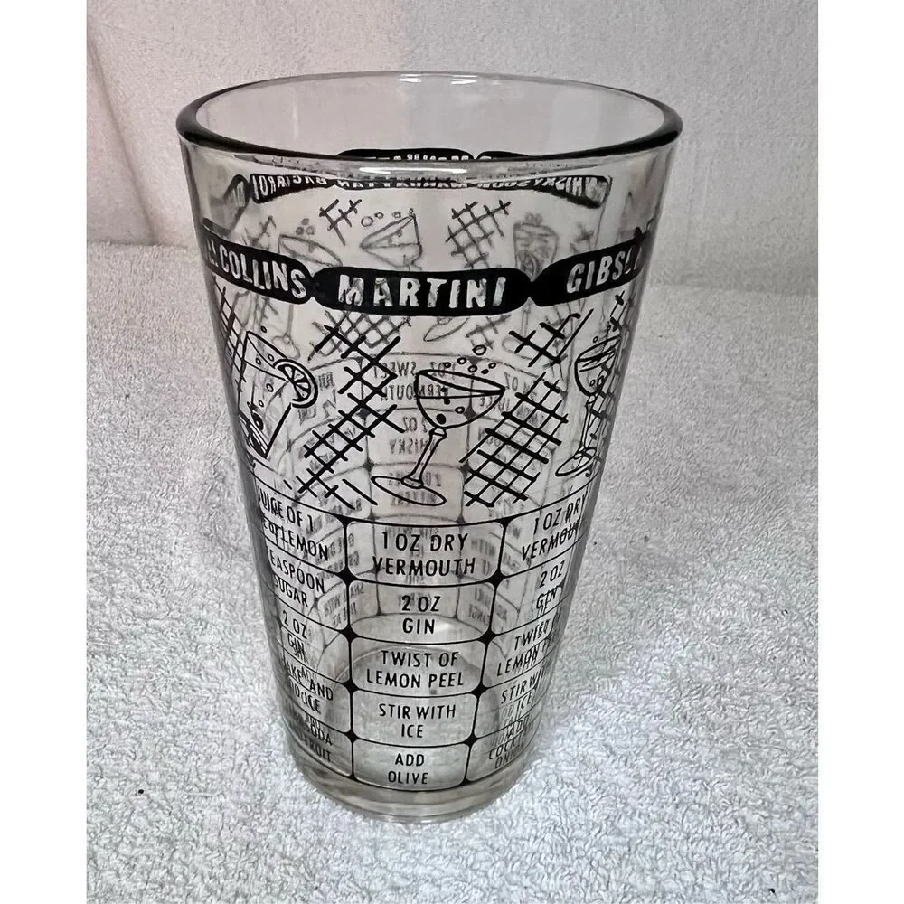 Vintage Bartender's Shaker Pint Bar Glass Cocktail and Mixed Drink Recipes
